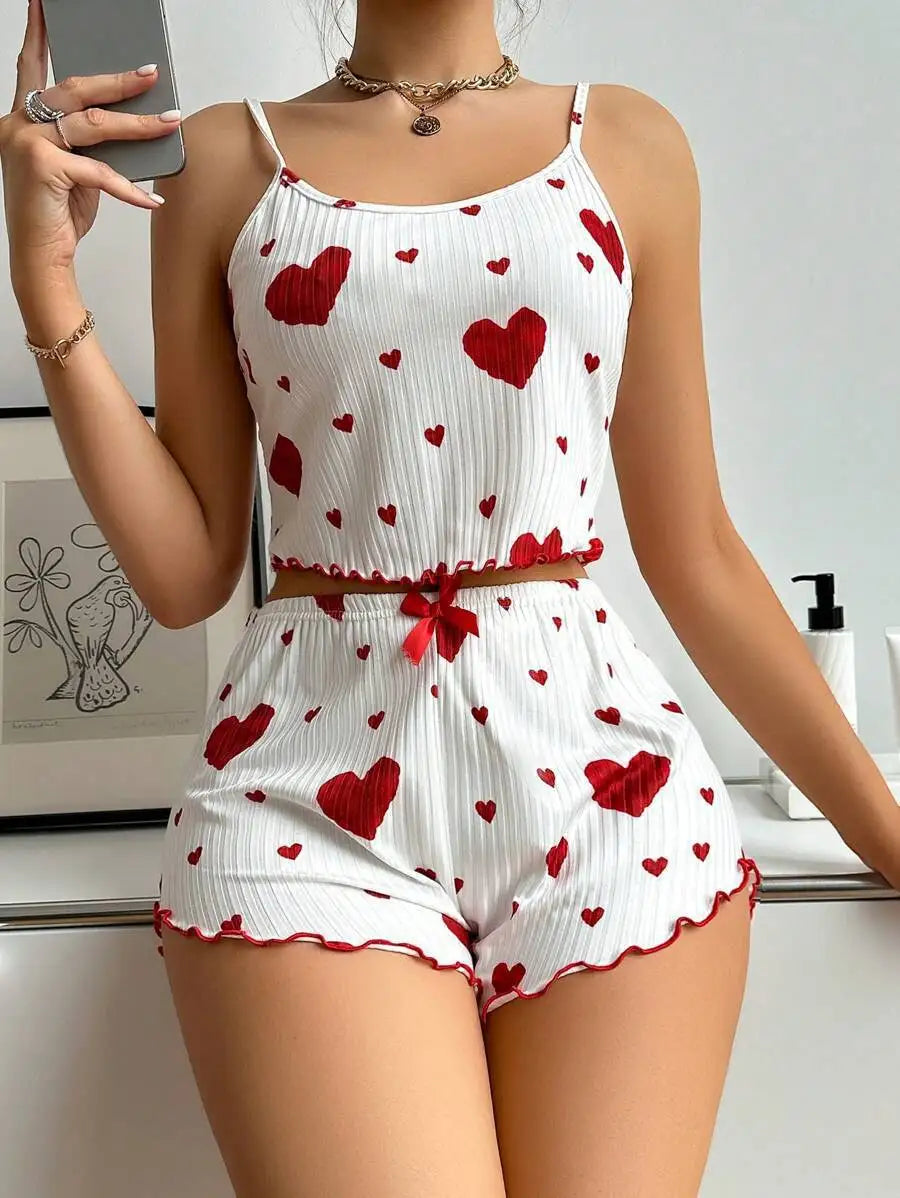2 Pcs Women's Pajamas Set,Casual Sleepwear Printed Shorts Tank Tops And Shorts White Ventilate Soft Casual Love Printing Suits