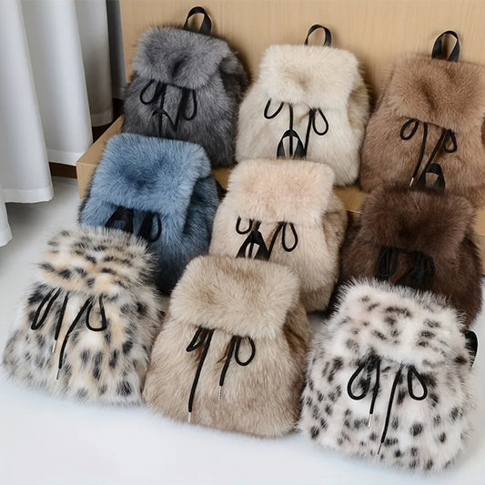 Women's Plush Faux Fur Backpack with Adjustable Drawstring Closure Daypack for Casual Formal Use Mini Backpack Soft Texture Bag