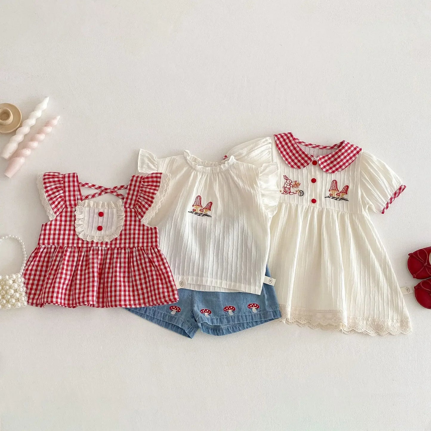 2025 New Summer Girls' Plaid Dress, Korean Style Baby Doll Collar Embroidered Bunny Dress for Toddlers