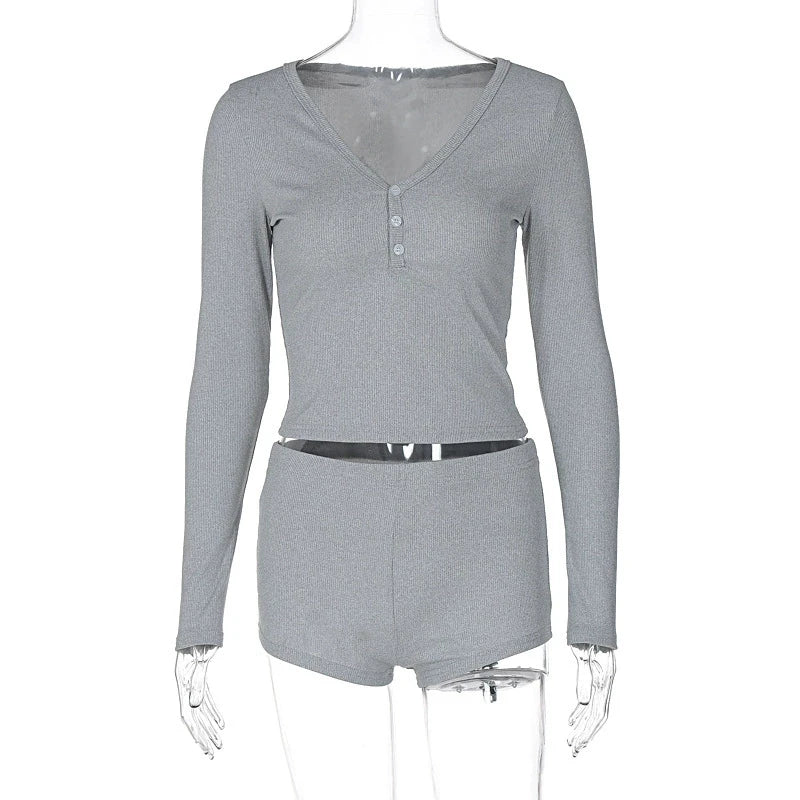 Absobe Three Buttons Crop Top Shorts Leisure Suit Women V-neck Long Sleeve T-shirt Short Pants Solid Slim Outfit Streetwear