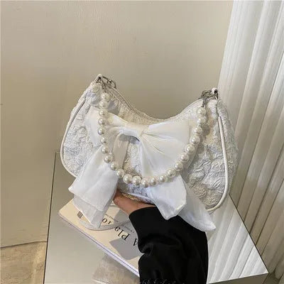 Fashion Pearl Chains Design Female Shoulder Messenger Bag Sweet Bow Ladies Crossbody Bags Flower Pattern Women Square Handbags
