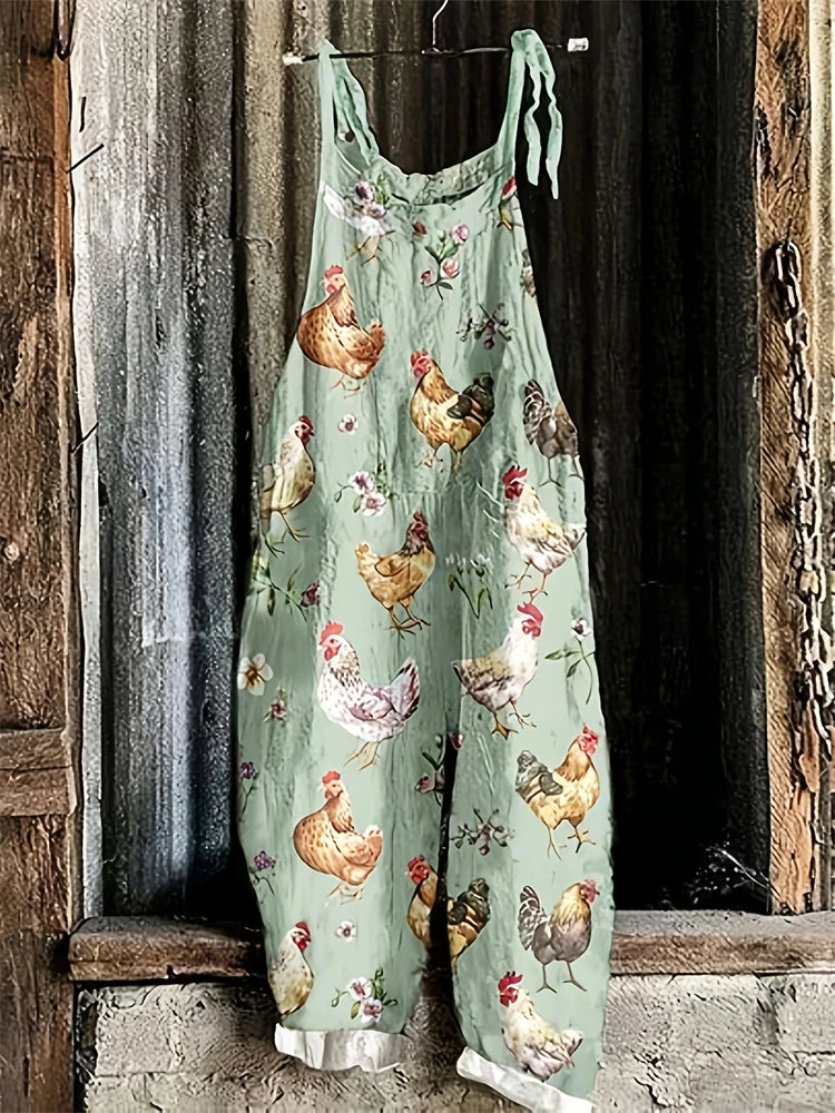 2025 Hot Women's Summer Fashion One-piece Suspender Pants Simple Comfortable Home Wide-leg Pants 3D Rooster Printed Work Pants