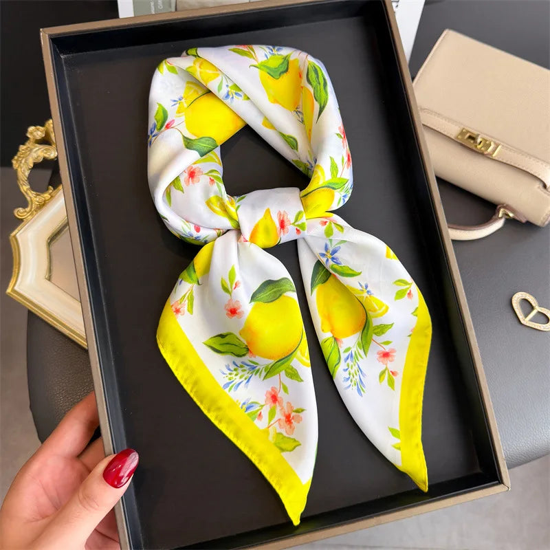 Lemon Silk Square Scarf Women Satin Shawl Wrap Hijab Female Hair Band Wrist Luxury Headkerchief 70*70cm Echarpe 2025 Bandana