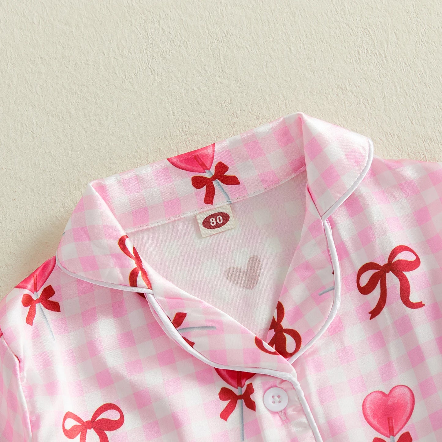 Children Kids Baby Girls Valentine's Day Pajama Sets Short Sleeve Lapel Button Up Bow Heart Plaid Print Shirts Shorts Sleepwear