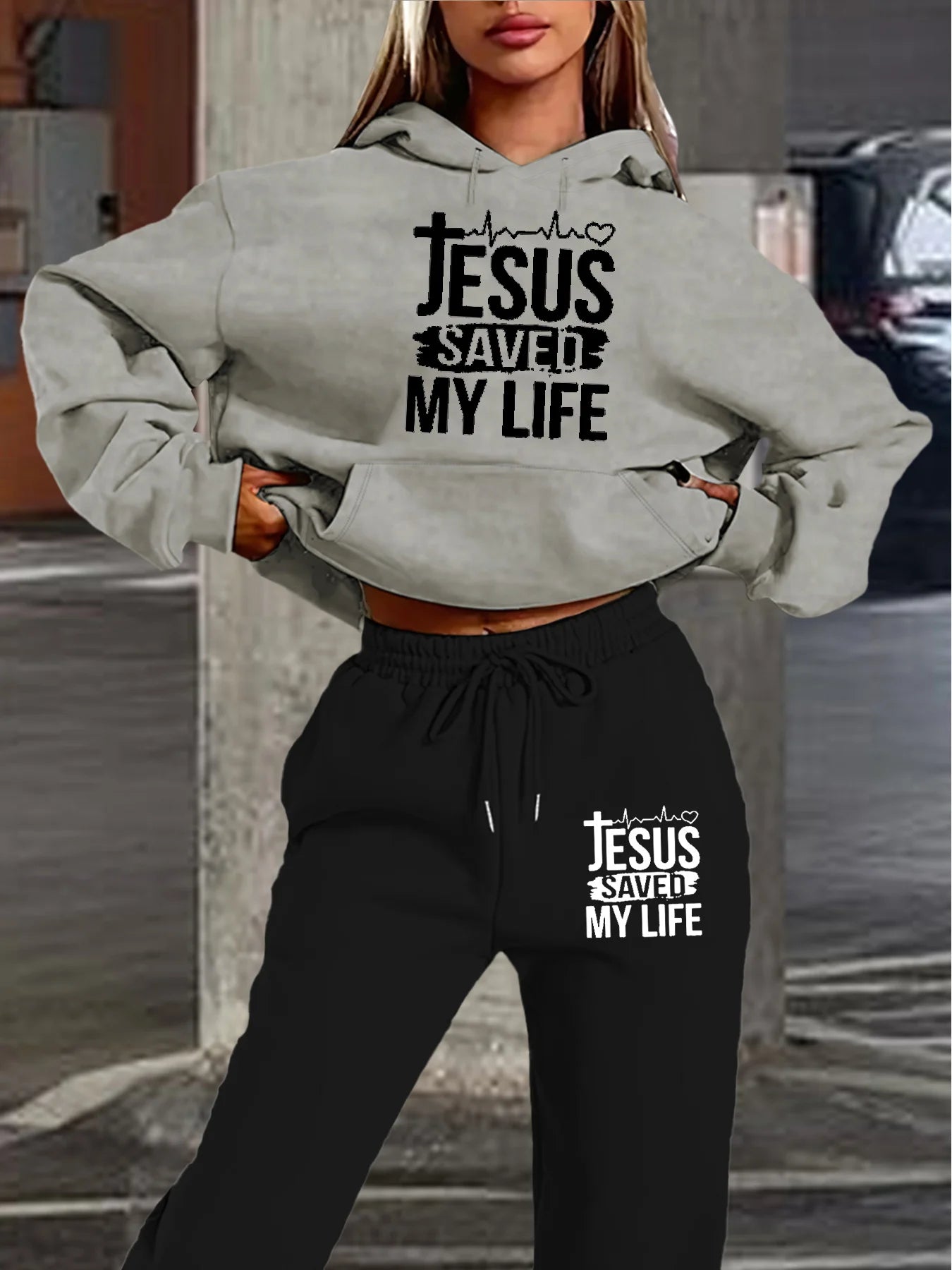 Women's autumn and winter casual fashion loose hip-hop street JESUS letter printed warm hooded sweatshirt+sports pants set