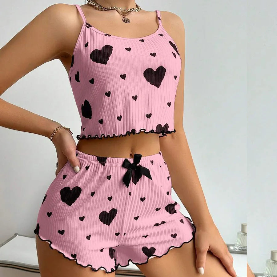 2 Pcs Women's Pajamas Set,Casual Sleepwear Printed Shorts Tank Tops And Shorts White Ventilate Soft Casual Love Printing Suits