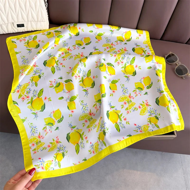 Lemon Silk Square Scarf Women Satin Shawl Wrap Hijab Female Hair Band Wrist Luxury Headkerchief 70*70cm Echarpe 2025 Bandana
