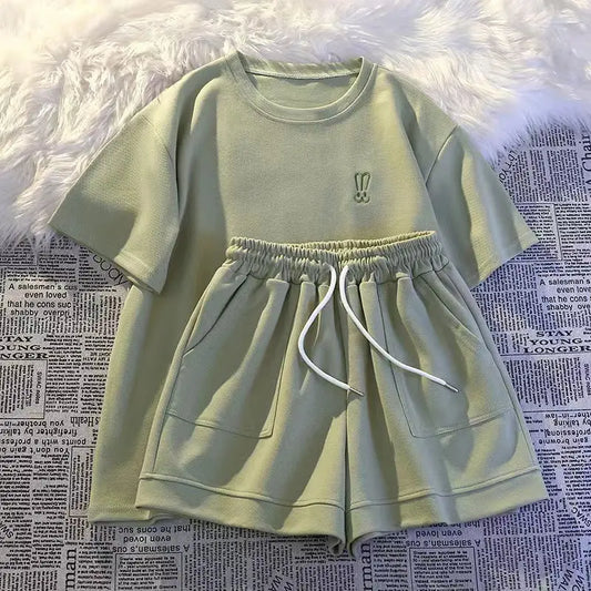 Women Short Sleeve Shorts Sports Casual Suit Loose O Neck Printed Short-Sleeved T Shirt Top+Lace-Up Wide-Leg Shorts 2 Piece Set