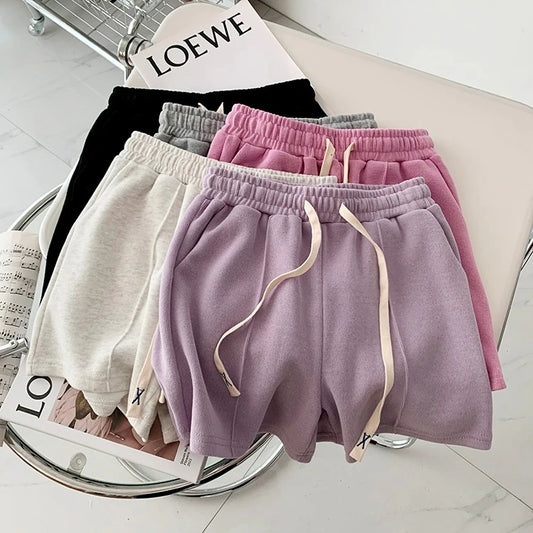 Summer Shorts Women Elasticity Lovely Girls Korean Style Sweet Students Harajuku Simple Pure Gray Oversize Trousers Female 2026