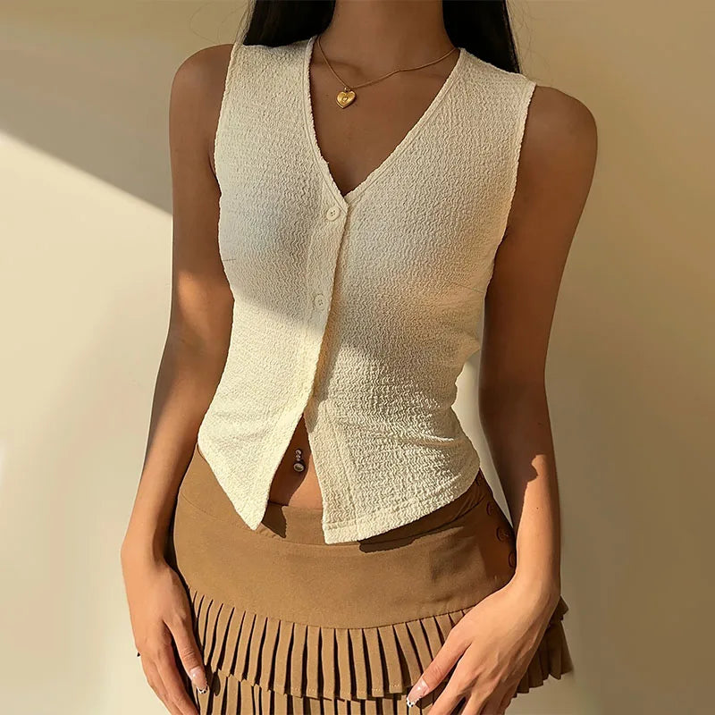 Summer Women Single Breasted V-Neck Tank Tops Solid Color Female Sexy Sleeveless Cropped Top Casual Vests Ladies Slim Camisole