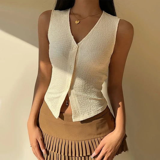 Summer Women Single Breasted V-Neck Tank Tops Solid Color Female Sexy Sleeveless Cropped Top Casual Vests Ladies Slim Camisole