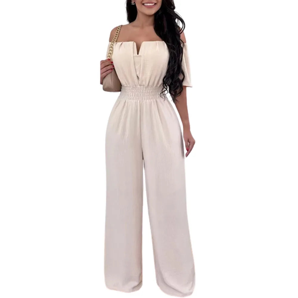 Lady Print High Waist Jumpsuit Sexy Off Shoulder Short Sleeve Wide Leg Pants Jumpsuits Women Fashion Casual Summer Women Clothes