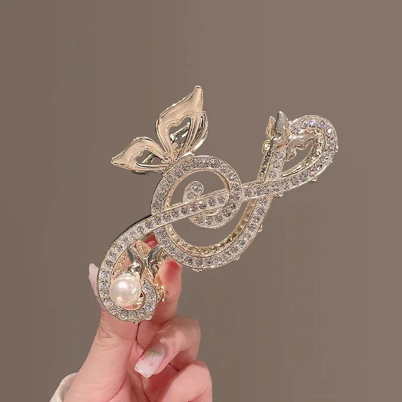 Vintage Elegant Rhinestone Pearl Note Hair Clip Luxury Clef Shape Shark Clip Women Metal Ponytail Hair Accessory Tiara New