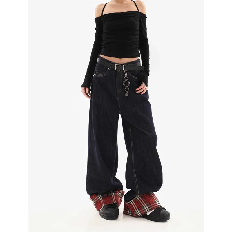 American Blue Vintage High Waist Pants Women's Casual Baggy Y2K Straight Jeans Wide Leg Grunge Street Pockets Denim Trouser