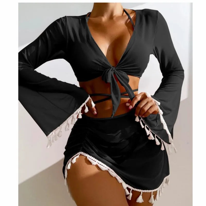 2025 New European and American Conservative Four-piece Set Solid Color Tassel Blouse Mesh Short Skirt Bikini