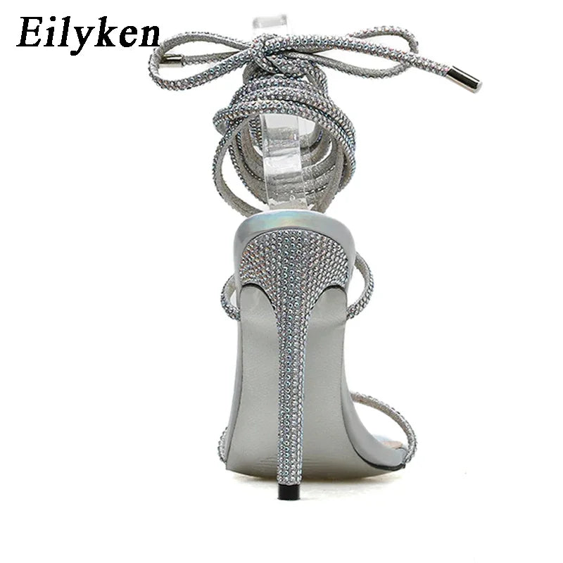 Eilyken Crystal Diamond Ankle Cross Strap Lace-Up Womens Sandals Sexy Thin High Heels Shoes Fashion Party Stripper Ladies Pumps