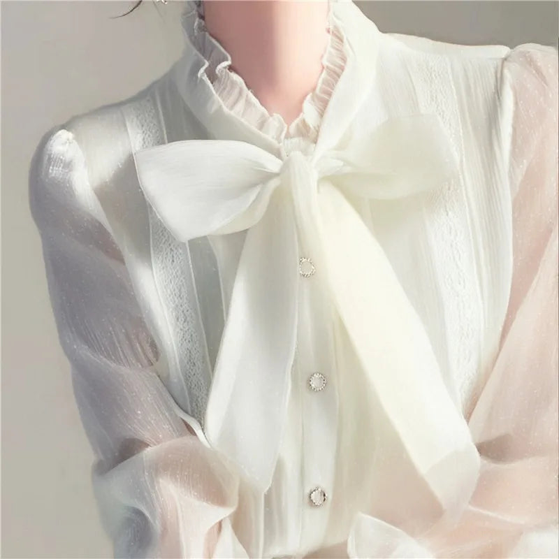 Chiffon Women Shirts Summer 2023 Solid Long Sleeve Fashion Y2k Blouses Loose Korean Top Bow New Casual Blusa