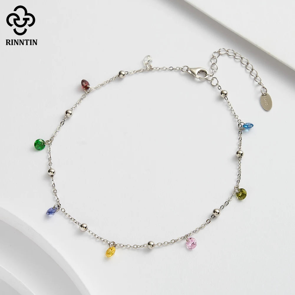 Rinntin Genuine 925 Sterling Silver Chain Anklets with Colorful Cubic Zirconia for Women Fashion Ankle Bracelets Jewelry SA93