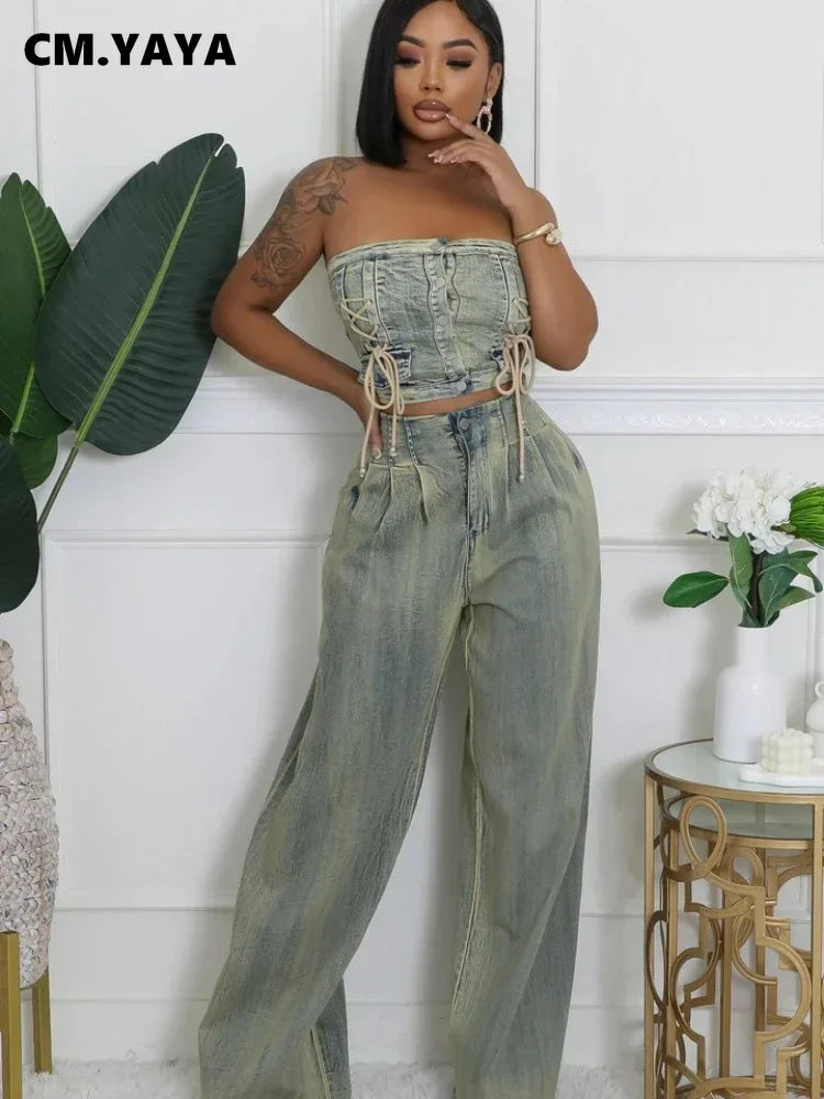 CM.YAYA Denim Women's Set Sleeveless Strapless Top +Loose Jeans Pants 2024 Fall Lace Up Street Two 2 Piece Set Outfits Tracksuit