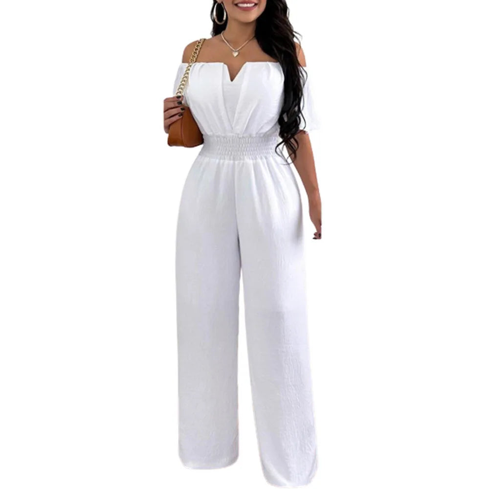 Lady Print High Waist Jumpsuit Sexy Off Shoulder Short Sleeve Wide Leg Pants Jumpsuits Women Fashion Casual Summer Women Clothes