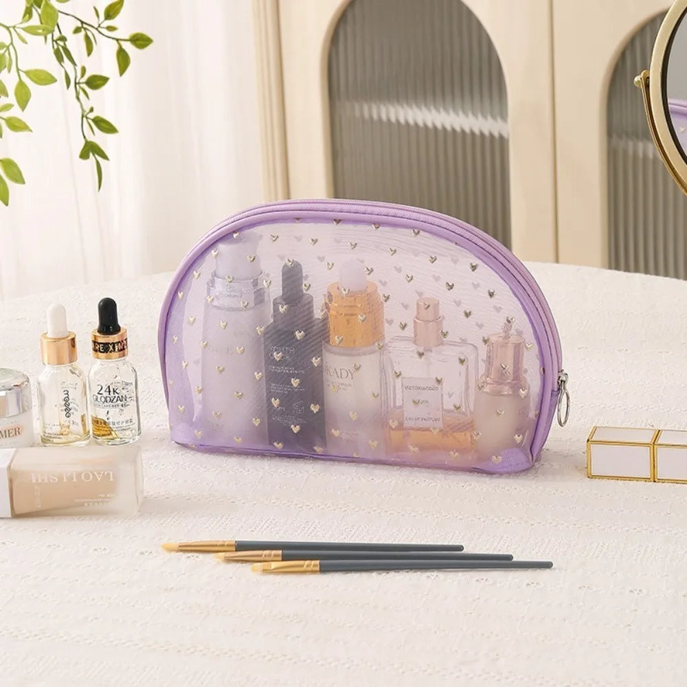 Fashion Portable Cosmetics Storage Bag Mesh Heart Makeup Bag Toiletries Bag Women