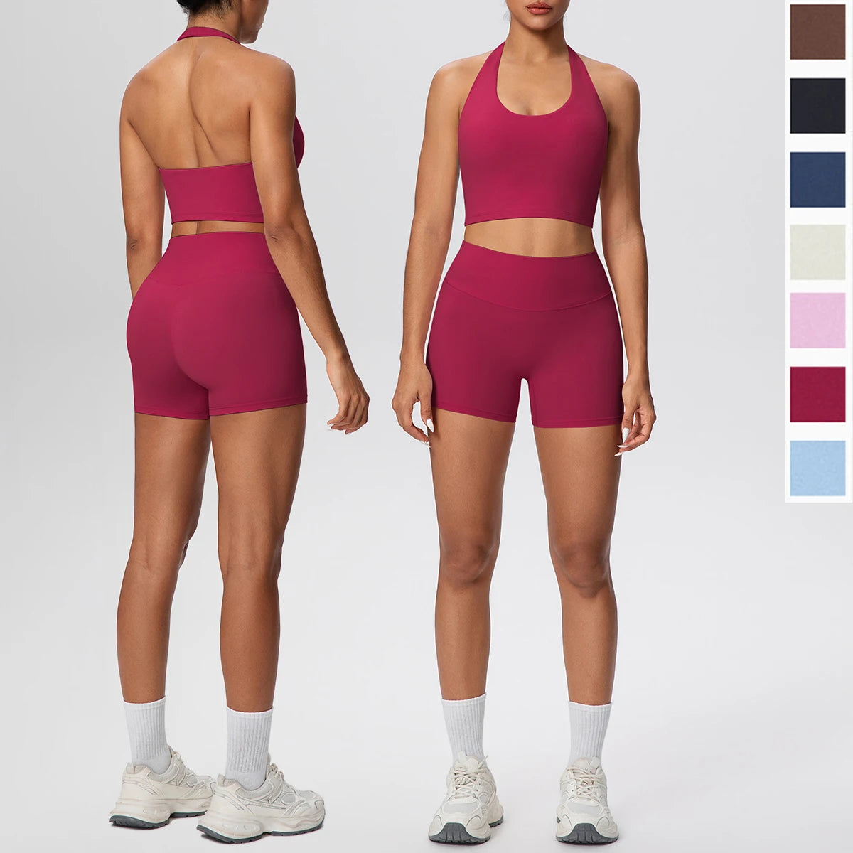 Woman Gym Yoga Set High Waisted Lifting Buttocks Sports Yoga Shorts Breathable Sexy Beautiful Back Halter Bra Chest Pad Yoga Set