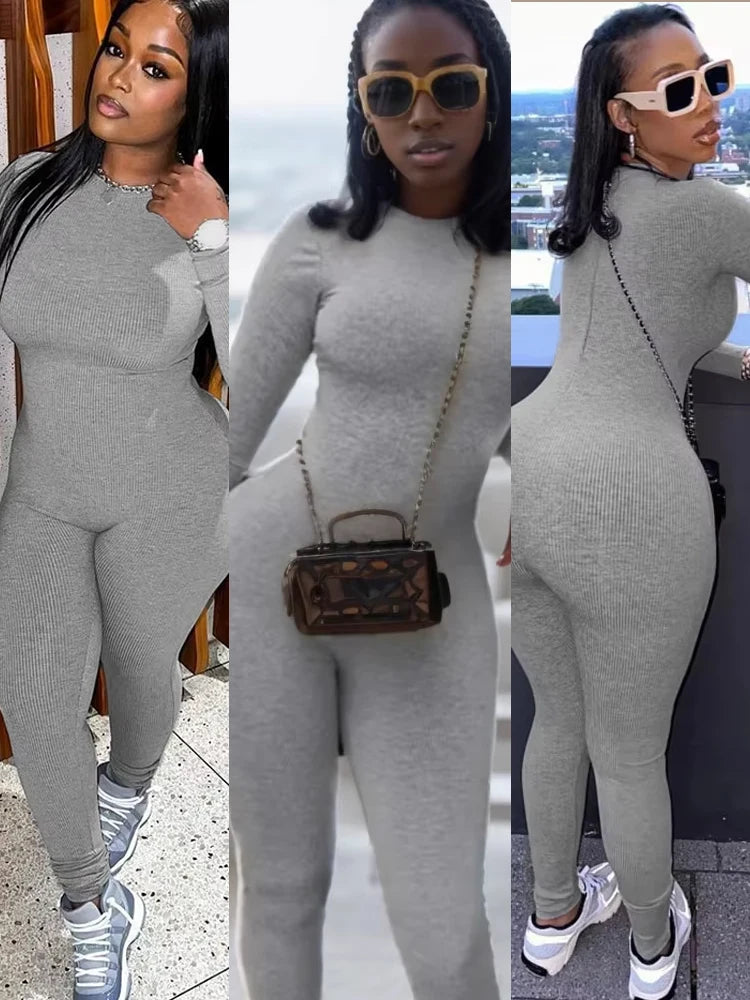 Weird Puss Solid Fitness Casual Jumpsuit Women Long Sleeve Stretch Skinny Activity Sporty Tight Simple Fall Streetwear Overalls