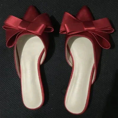 2024 Spring and Summer Women's Shoes Korean Silk Satin Pointed Bow Tie Slippers Baotou Flat Heel Sets Semi Slippers