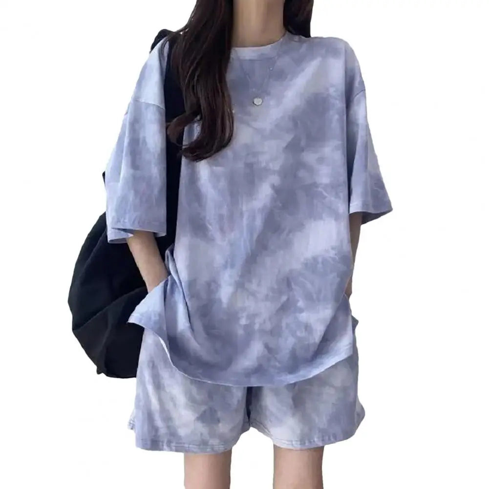 Women T-shirt Shorts Set Tie-dye Loose Short Sleeves Loose Top Elastic Waist Mini Shorts Casual Sport Daily Wear Top Pants Set