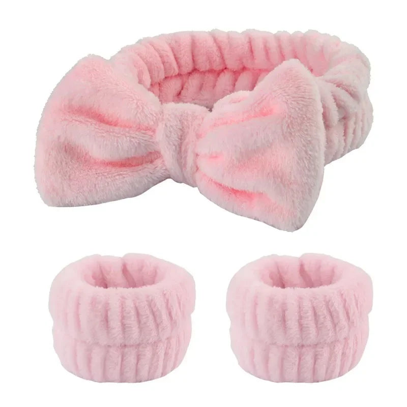 Spa Headband with Wrist Towels for Face Washing Set Elastic Bow Headbands with Highly Absorbent Wristbands for Shower Skincare