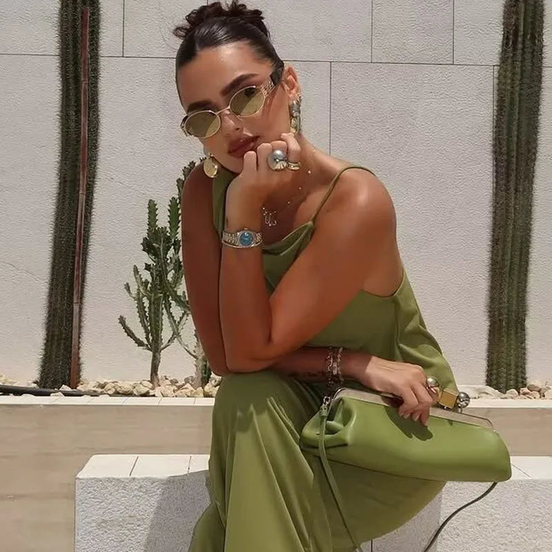 Top Women Summer Tank Sleeveless Top With Open Back Ruffled Asymmetrical Slip Top Sexy Street Style CasualOversize Green Tops