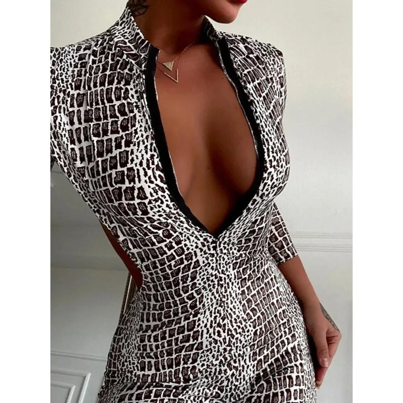 Krisnanas Women's Crocodile Print Stand Collar Zipper Backless Bodycon Jumpsuit Sexy Party Catsuit for Clubwear & Festival