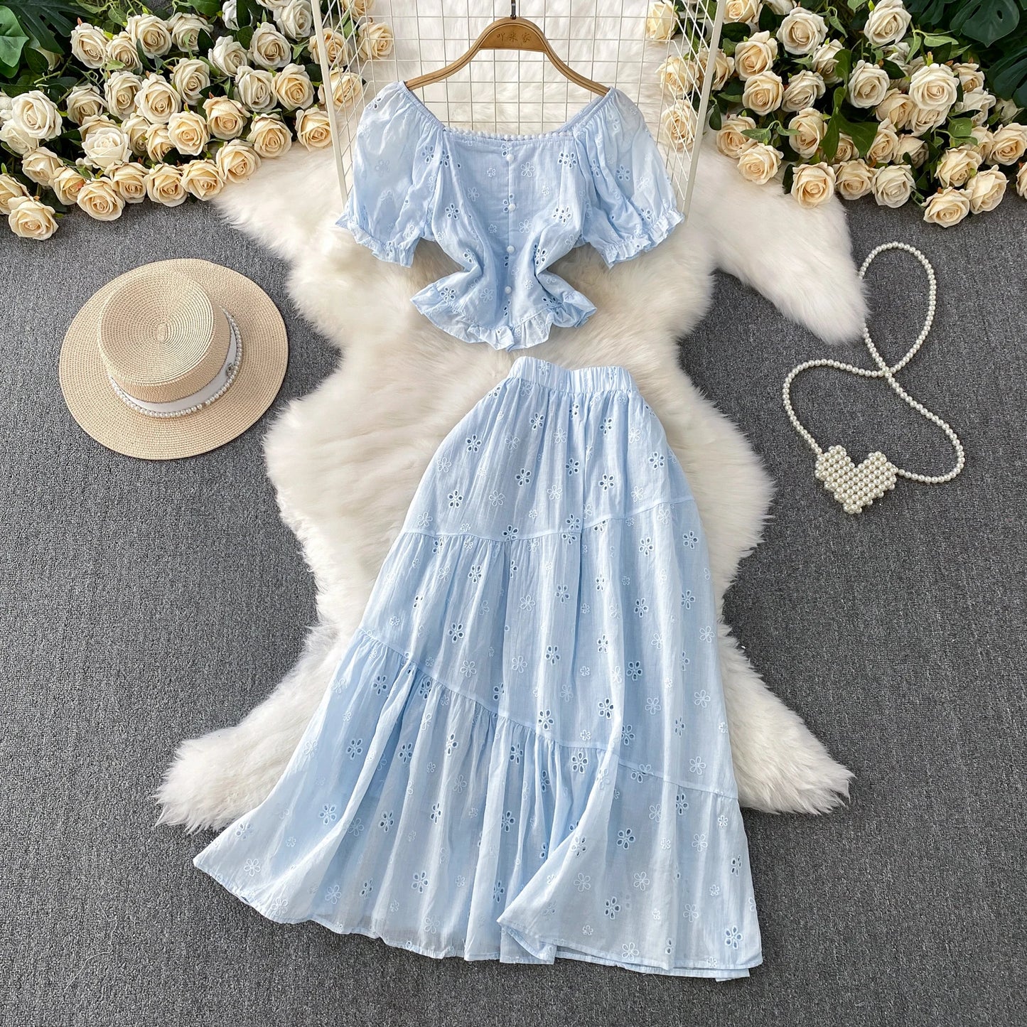 Pink Gentle Wind Square Collar Bubble Sve irt ort ter Top Hook Flower Hollow out f Skirt Set Women's Faion Spr...