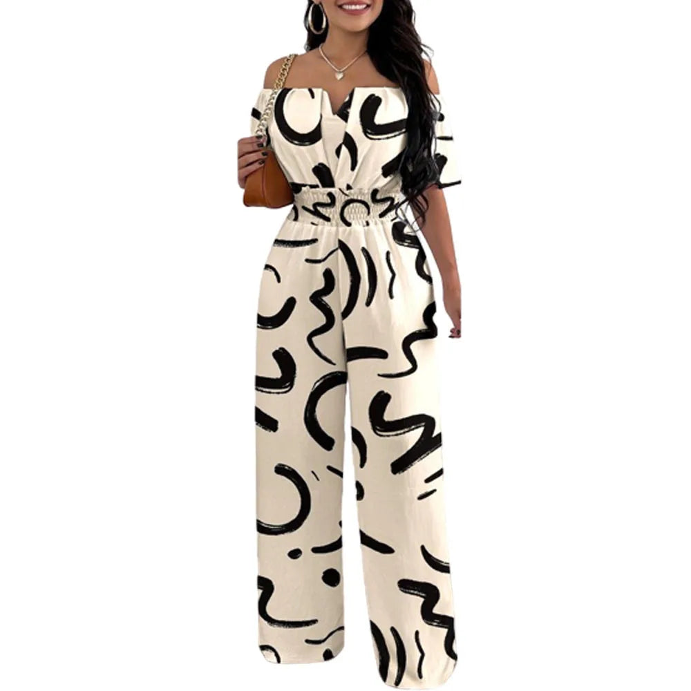 Lady Print High Waist Jumpsuit Sexy Off Shoulder Short Sleeve Wide Leg Pants Jumpsuits Women Fashion Casual Summer Women Clothes