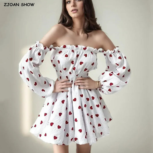 Sexy White Red Heart Print Wood Ears Slash Shoulder Full Puff Sleeve Mini Dress Women Slim Elastic Waist Swing A-line Short Robe