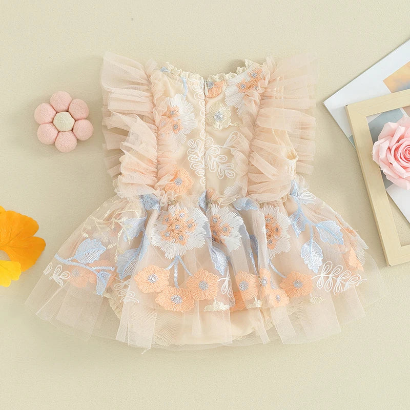 FOCUSNORM 0-24M Newborn Baby Girls Princess Romper Dress Fly Sleeve Flower Embroidery Mesh Tulle Patchwork Jumpsuits