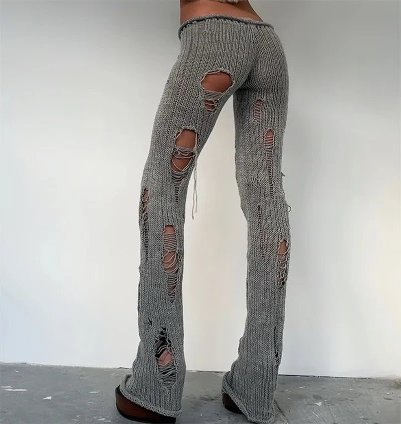 Punk Sle Bell Bot Pants Knitted Wool Slim Fit Hole Design Sexy Girl Streetwear Long Trousers Low Waist for Women And Girls