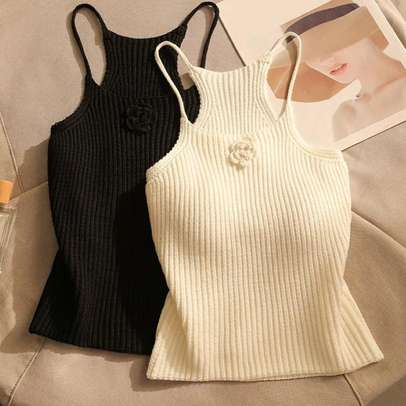 Summer Sexy Flower Knitted Camisole Women's Solid Color Sleeveless Slim Crop Top