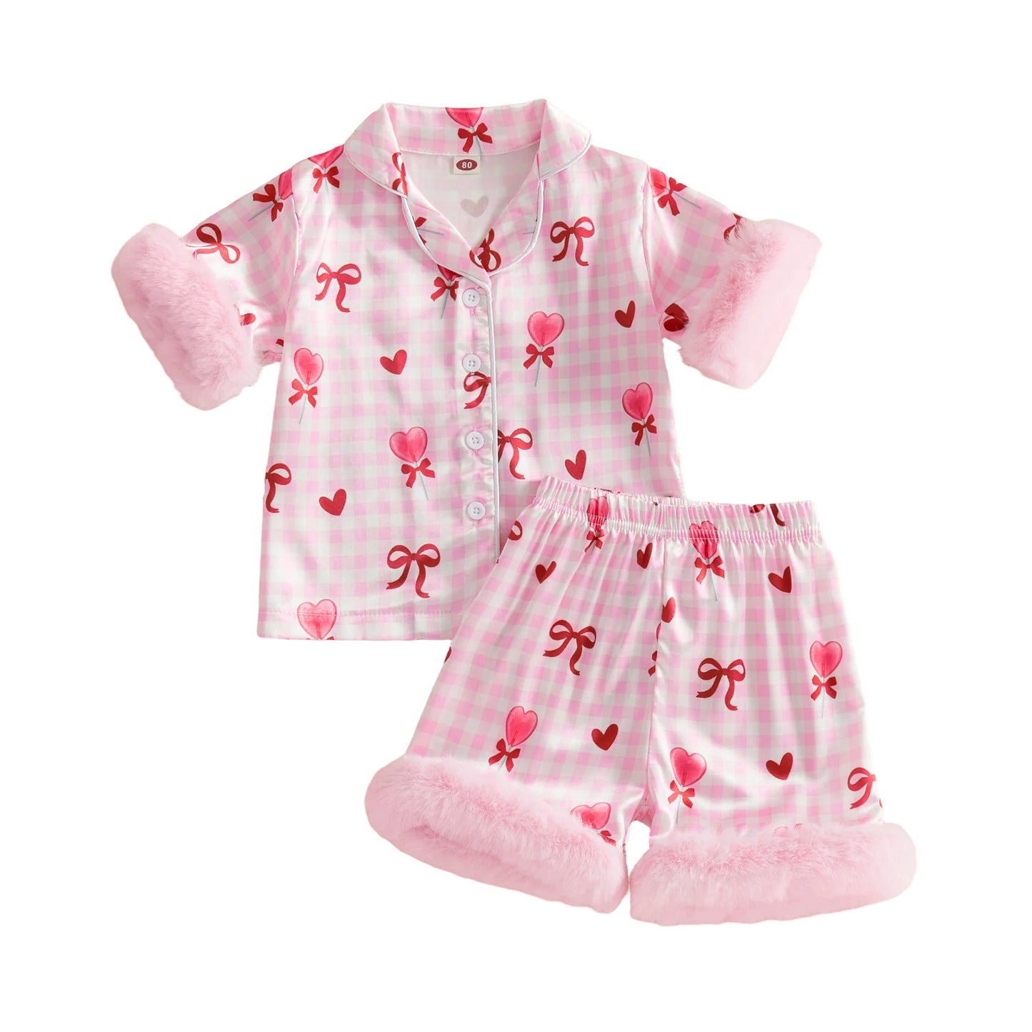 Children Kids Baby Girls Valentine's Day Pajama Sets Short Sleeve Lapel Button Up Bow Heart Plaid Print Shirts Shorts Sleepwear
