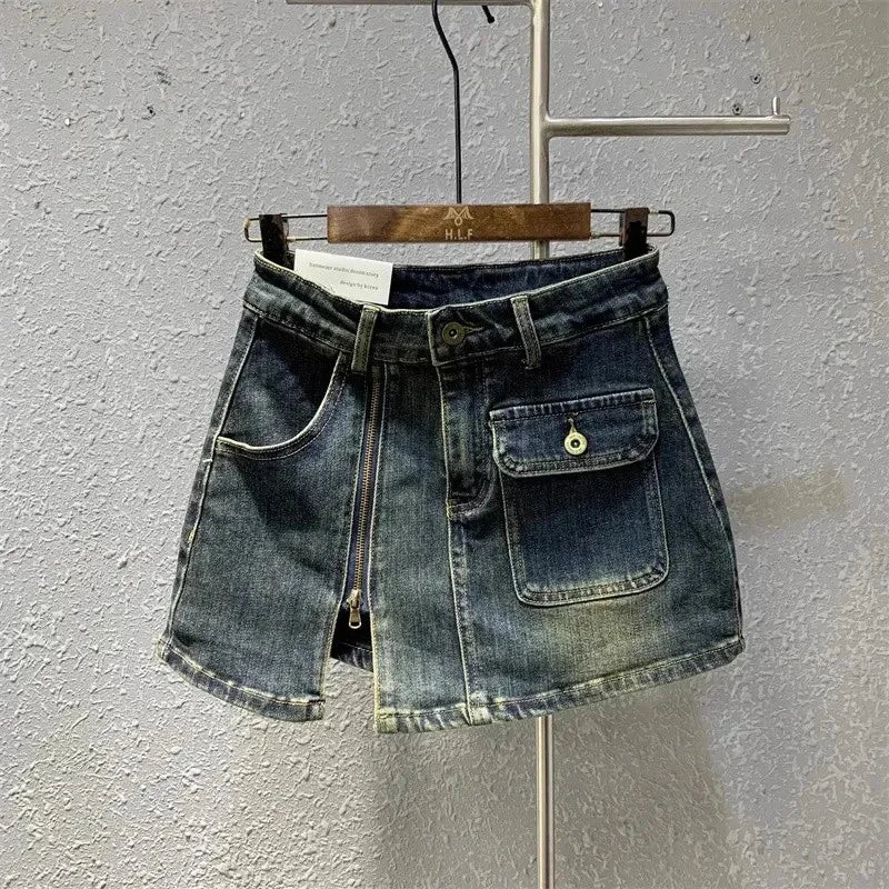 MEXZT Y2K 2000S Cargo Denim Mini Skirt Women Vintage Sexy Slit Hip Wrap Jeans Skirts Summer Korean High Waist Slim A Line Skirt