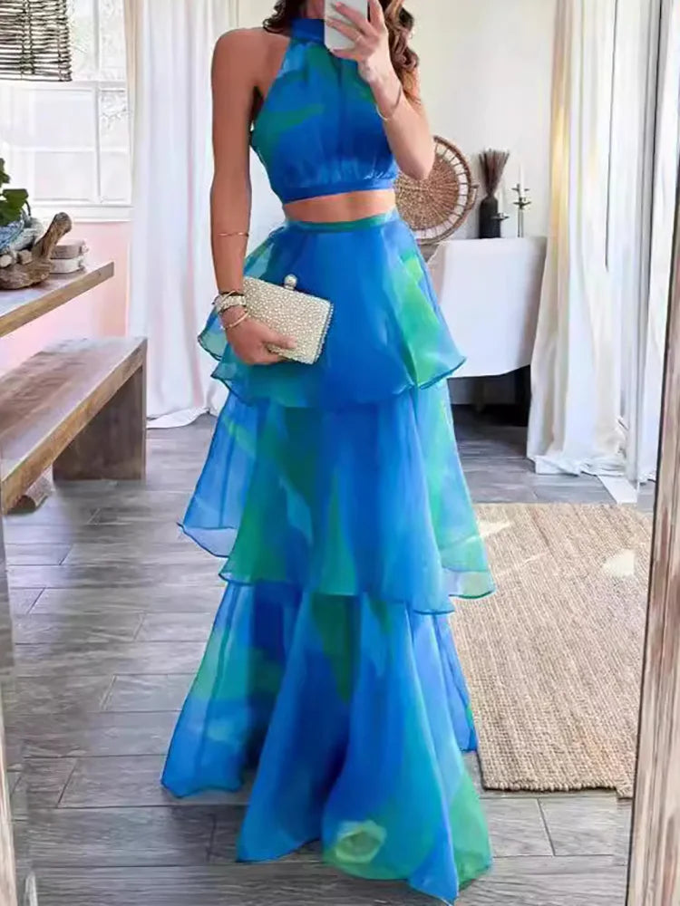 Sleeveless Fashion New Loungewear Skirt Set, Summer Women Hollow Sexy Patchwork Party Suit, Print Stand Collar Elegant 2pc Sets