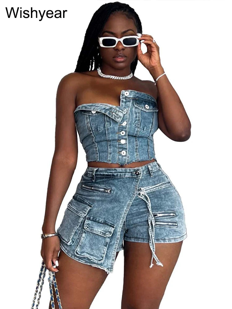 Fashion Pocket Irregular Shorts and Tube Tops 2 Two Piece Sets Denim Stretch Women Summer Birthday Club Outfit Female Streetwear