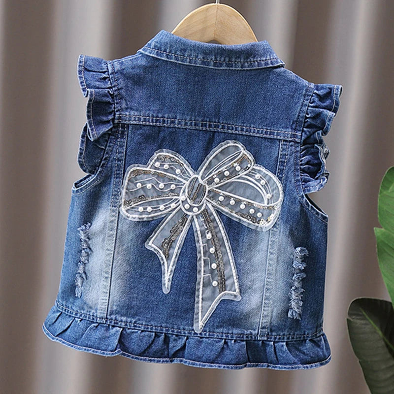 Children's Vest Spring and Autumn New Bow Crown Flower Print Flip Collar Vest Sweet and Cute Fashion Versatile Coat