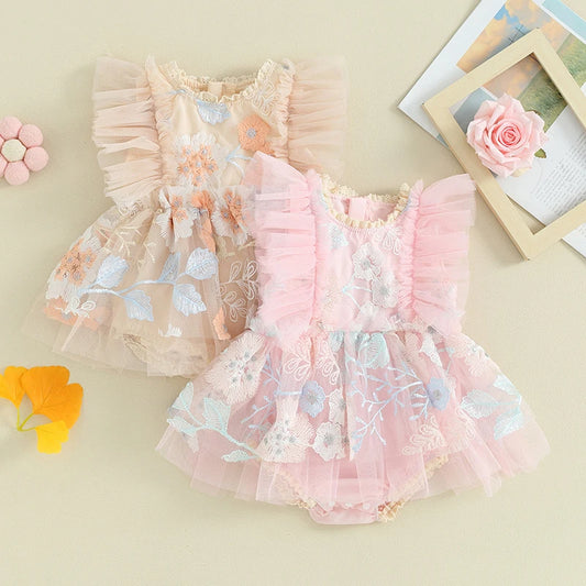 FOCUSNORM 0-24M Newborn Baby Girls Princess Romper Dress Fly Sleeve Flower Embroidery Mesh Tulle Patchwork Jumpsuits