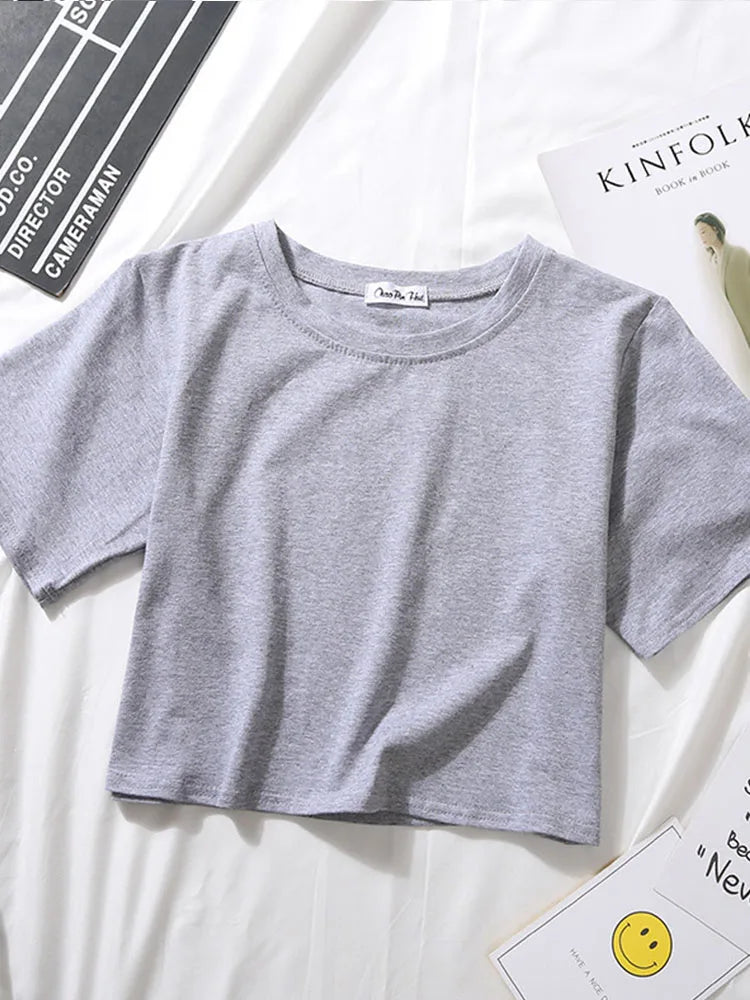 Summer Short Sleeve T Shirts Women Cotton Solid T-shirt O Neck High Waist Crop Top Tee Female Casual Loose T Shirt