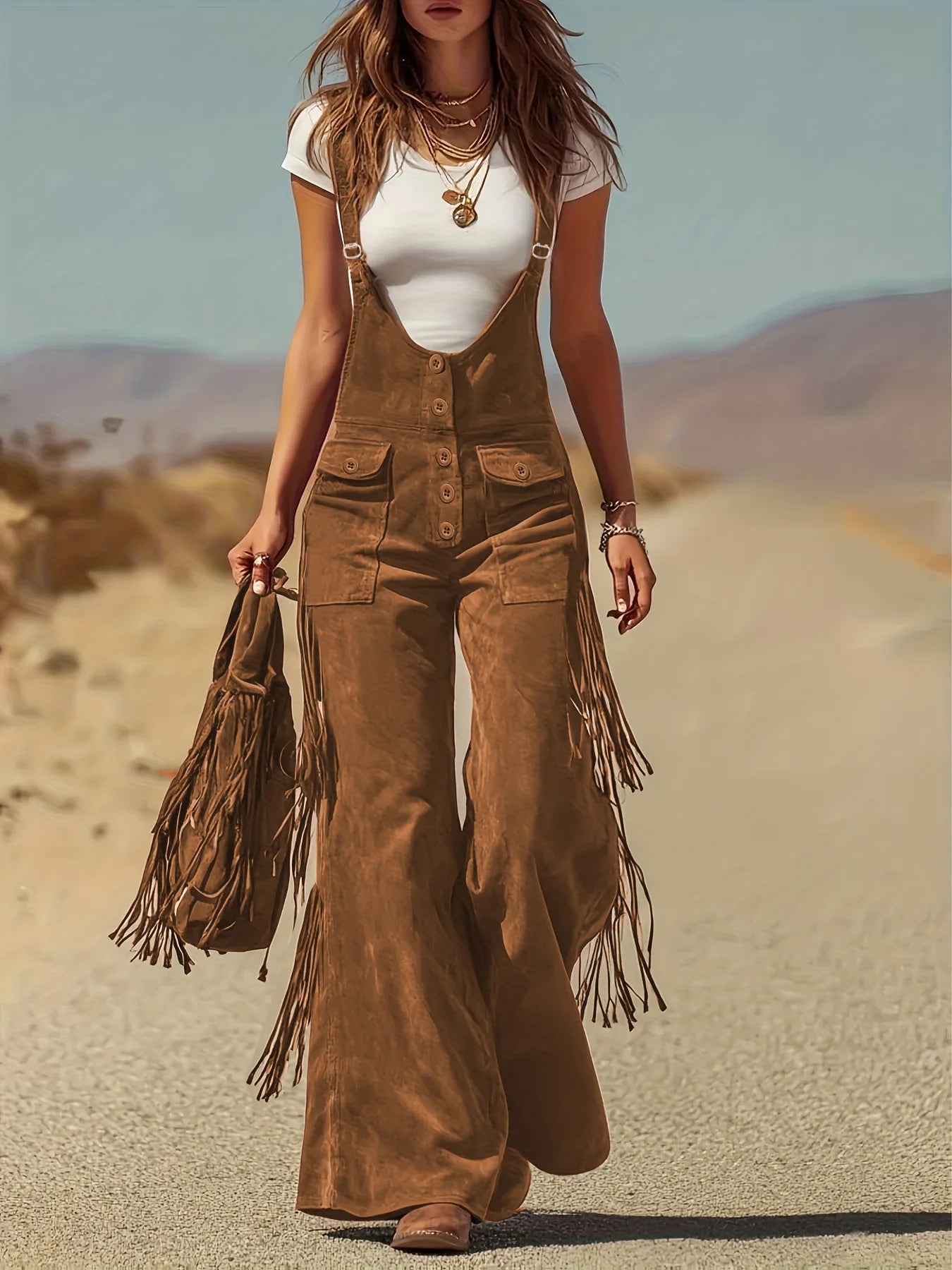 Women Chamois Straps Jumpsuit Spring Tassel Wide Leg Pants Romper Dungaree Bib Overalls Casual Loose Sleeveless Street Jumpsuits