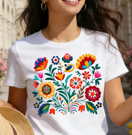 Mexican Embroidery Floral Women's Tee Vibrant Folk Art Graphic Casual Black Tops