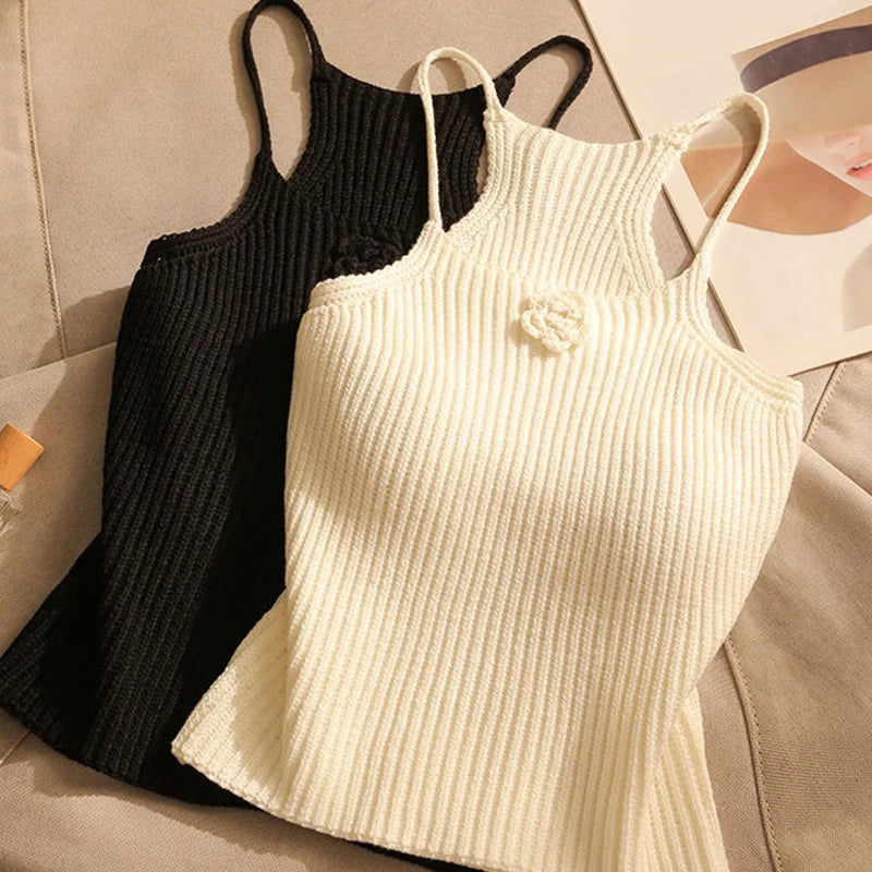 Summer Sexy Flower Knitted Camisole Women's Solid Color Sleeveless Slim Crop Top