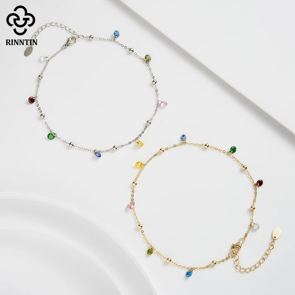 Rinntin Genuine 925 Sterling Silver Chain Anklets with Colorful Cubic Zirconia for Women Fashion Ankle Bracelets Jewelry SA93