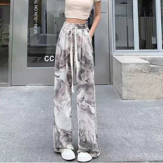 New Chinese Style Tie-dye Ice Silk Casual Thin Women's High Waist Summer High Waist Droop Loose Wide-leg Pants Trendy